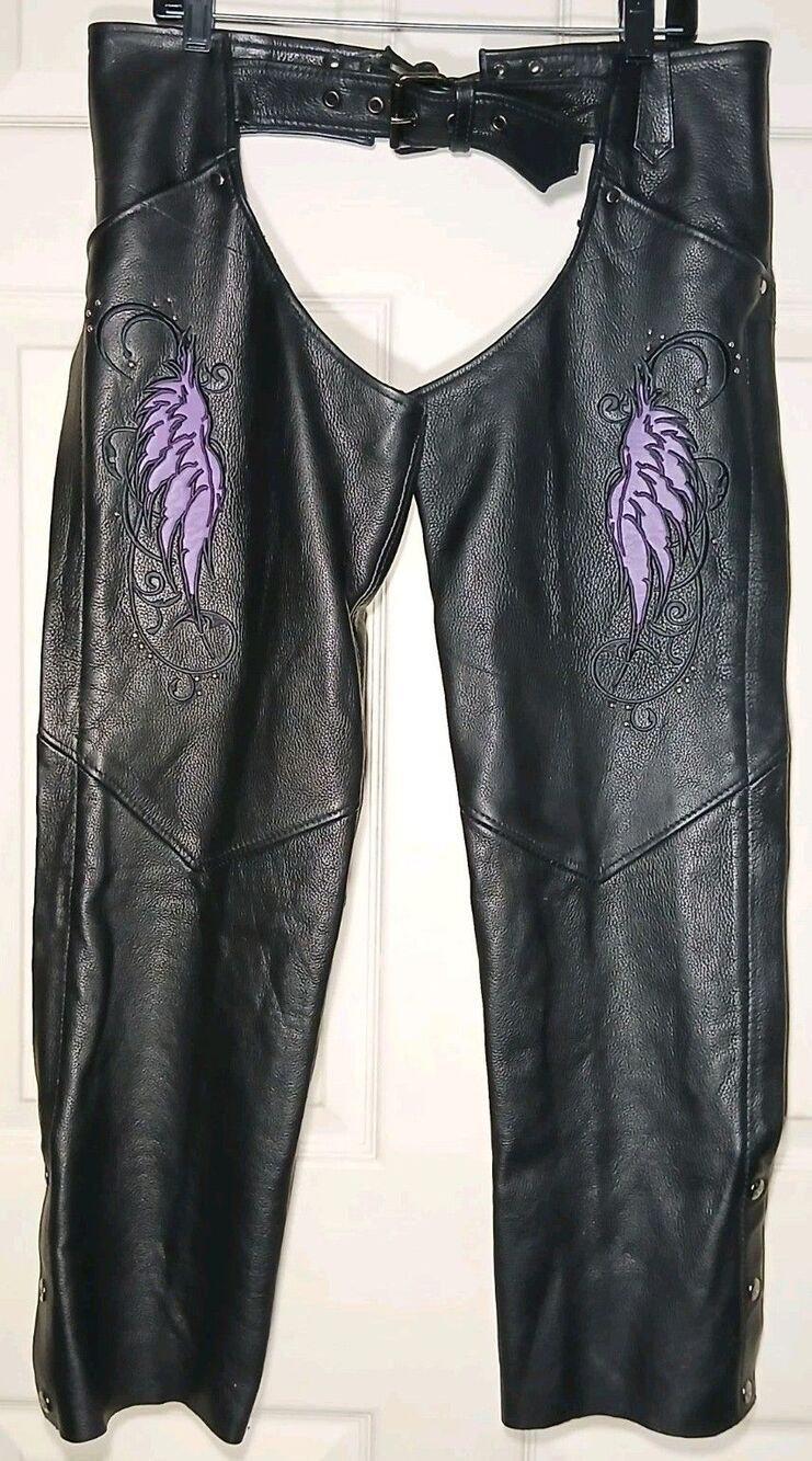 Women’s Milwaukee Leather Diamond Label Leather Rider Chaps Size S Purple Wings